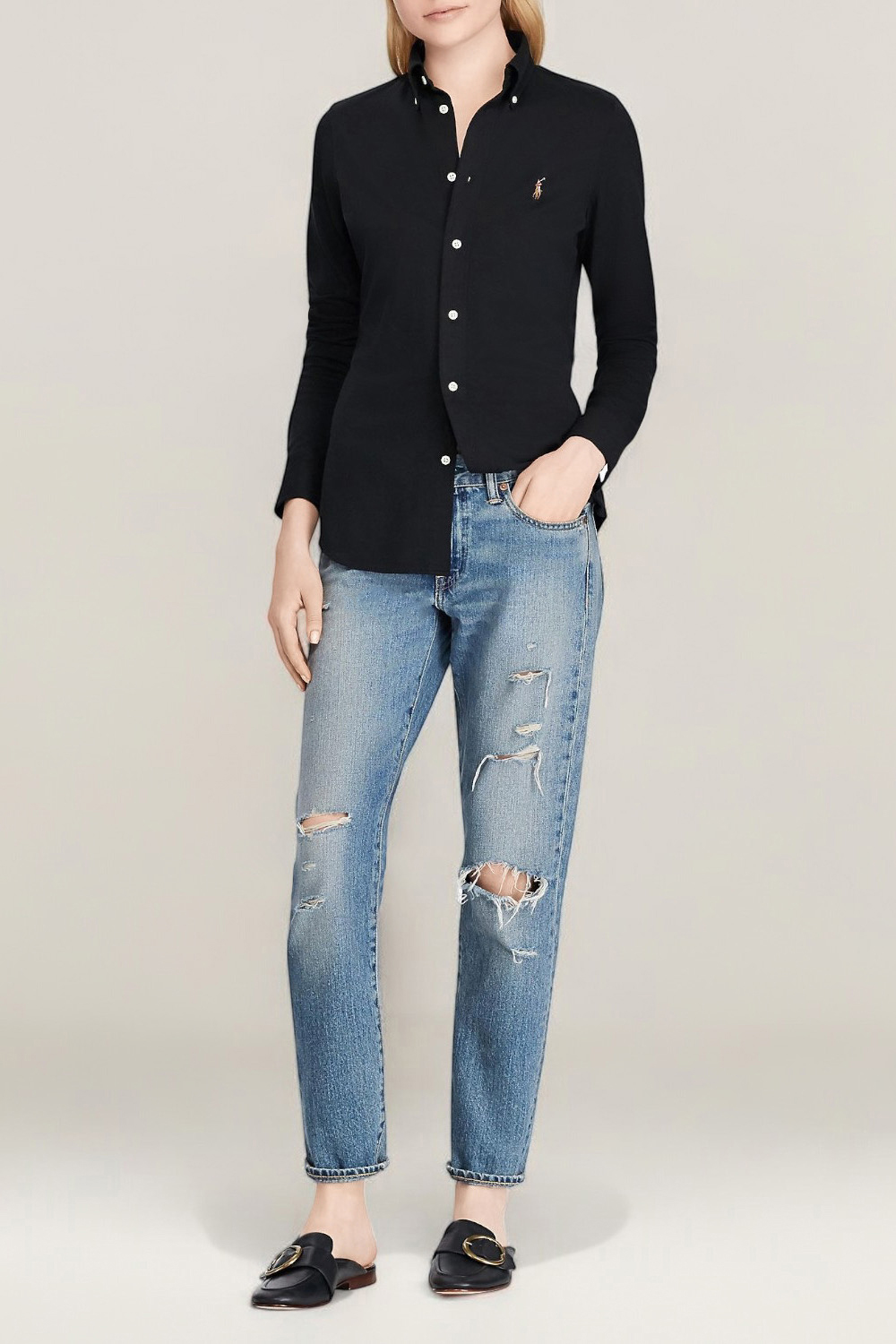 תמונת כל הלוק של חולצת כפתורים